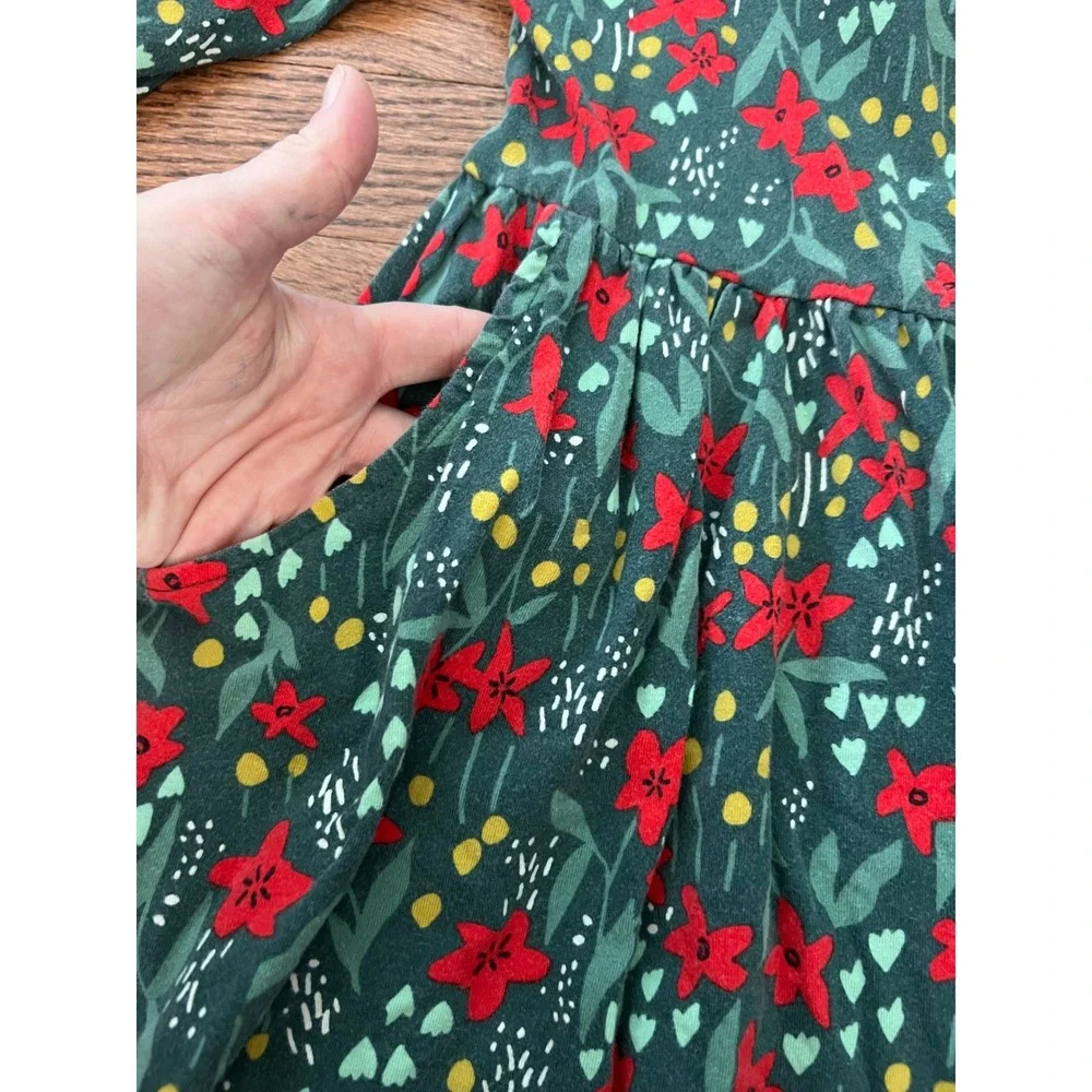 Hanna Andersson Dress Kids 6-7 Green Excellent Floral Long Sleeve Pockets